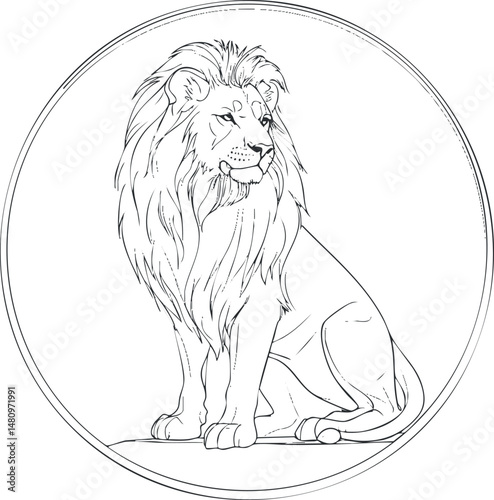 Black and white line drawing of a majestic lion sitting inside a circular frame with detailed mane and strong posture.