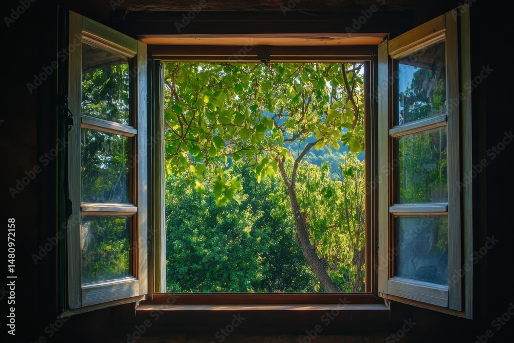 Fototapeta premium Open Window with Scenic Forest View