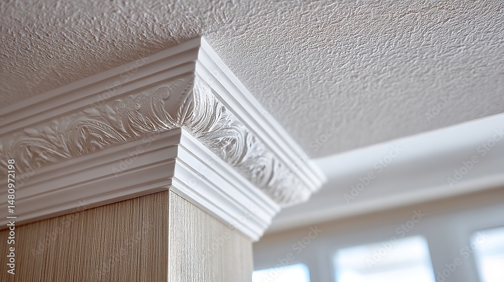 Obraz premium Close-up of Textured Wall with Ceiling Plasterboard and White Cornice Corner Detail