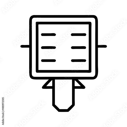 minimalist black and white line icon of digital information kiosk or touchscreen terminal with screen and stand for navigation or input in mobile ux