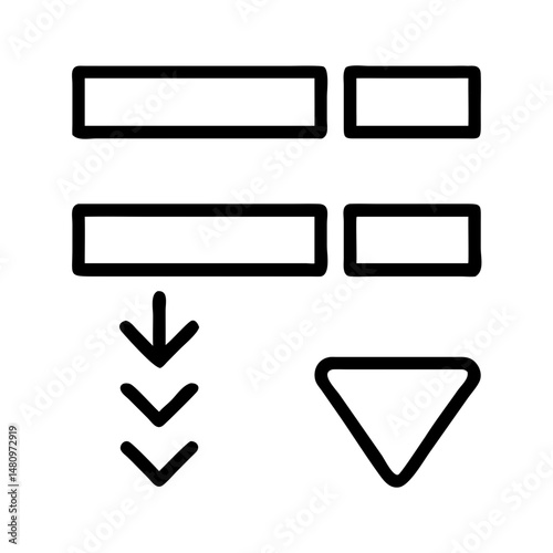minimalist black and white line icon of dropdown list or expanding menu with rectangles, arrows and triangle for interface selection in mobile ux