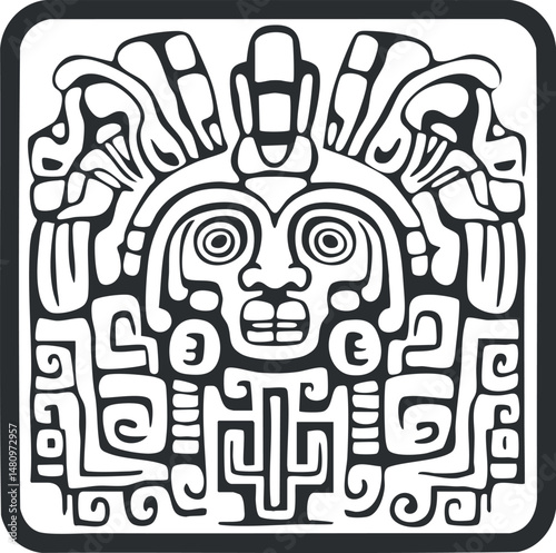 Black and white stylized Mayan or Aztec tribal mask symbol with intricate geometric patterns