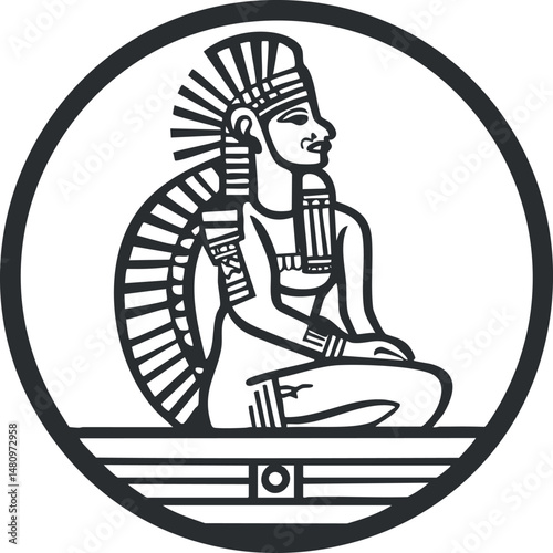 Ancient Egyptian queen or pharaoh statue icon in black and white line art style