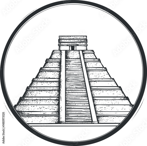 Black and white illustration of an ancient stepped pyramid temple with central staircase, symbolizing Mayan or Aztec architecture and historical heritage.