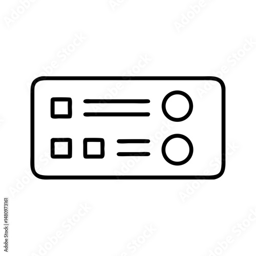 minimalist black and white line icon of interface list with checkboxes, text lines and toggles for settings or selection in mobile ux design