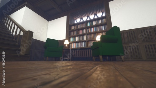 Home reading area with classic wooden bookshelves, green armchairs and staircase offering tranquil retreat for personal study, evening reading and quiet relaxation, 3D render