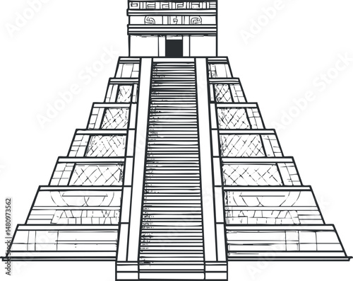 Black and white illustration of an ancient step pyramid with central staircase symbolizing Mesoamerican architecture and heritage