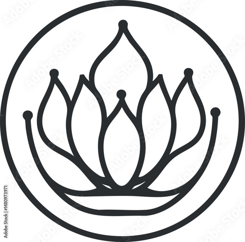 Black and white minimalist lotus flower icon inside a circle symbolizing purity and spirituality