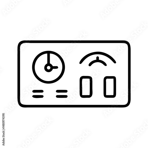 minimalist black and white line icon of analytics dashboard with clock and data meters for mobile app ux performance and monitoring interface