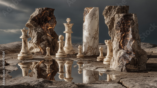 Unique marble chess pieces on rocky surface with reflective water  