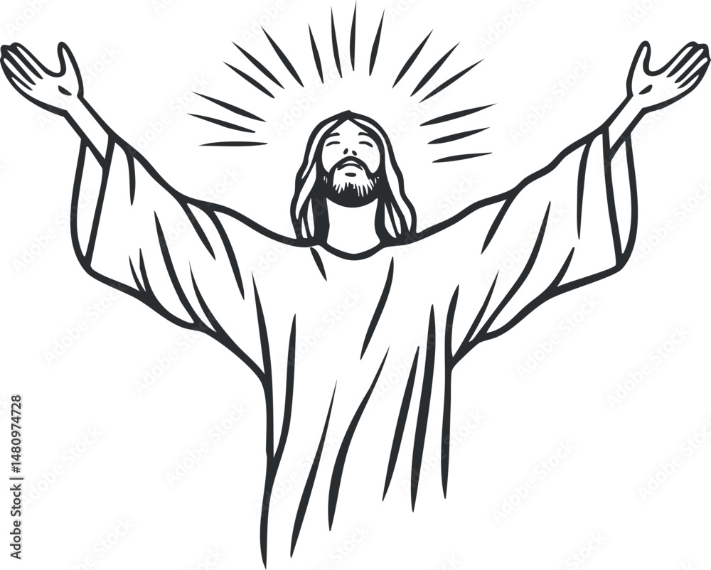 Fototapeta premium Black and white illustration of a man with arms raised and a halo, symbolizing religious faith and worship.
