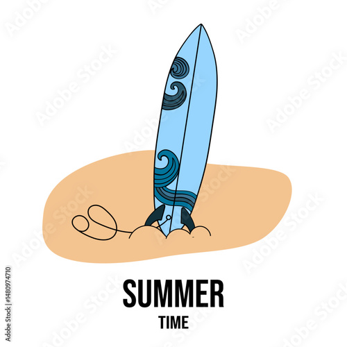 Summer beach paradise time surfboard in blue. Paradise cartoon collection. Hand drawn summertime set for cards, posters, banners