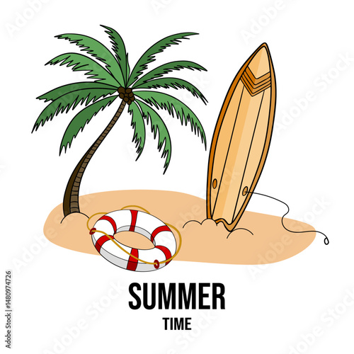 Summer beach paradise landscape with palms, rubber float and surfboard. Paradise cartoon collection. Hand drawn summertime set for cards, posters, banners