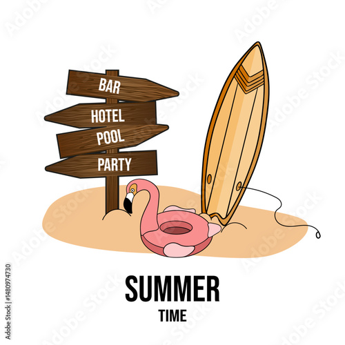 Summer beach paradise landscape with beach board pointer, rubber float flamingo and surfboard. Paradise cartoon collection. Hand drawn summertime set for cards, posters, banners