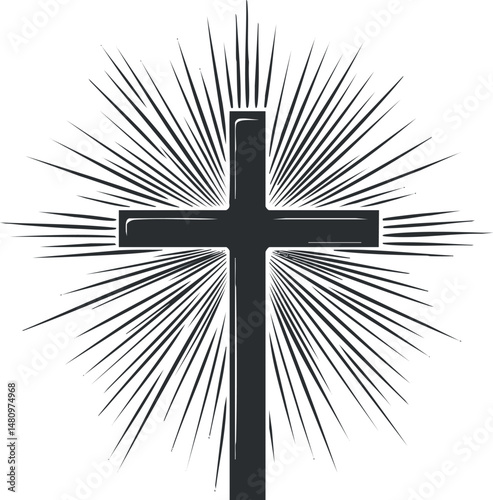 Black Christian cross with radiating light rays symbolizing faith, spirituality, and religious devotion
