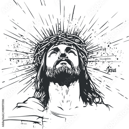 Black and white illustration of Jesus Christ wearing a crown of thorns looking upwards with rays of light around his head symbolizing holiness and spirituality.