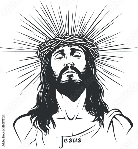 Black and white illustration of Jesus Christ with crown of thorns and radiant halo symbolizing faith and spirituality.
