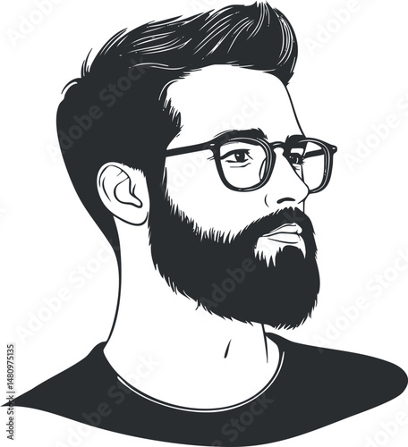 Black and white illustration of a young man with beard and glasses in side profile view