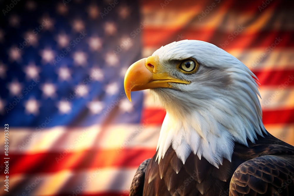 Naklejka premium bald eagle with usa flag behind and soft lighting