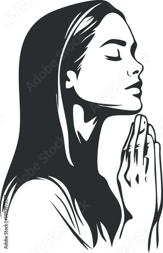Black and white illustration of a woman in profile with closed eyes praying peacefully with hands together