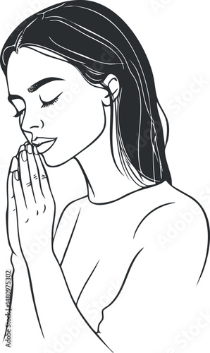 Black and white line art illustration of a woman praying with closed eyes and hands together in peaceful meditation.