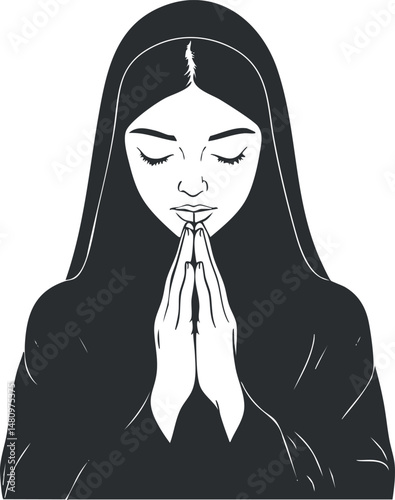 Black and white illustration of a woman praying with closed eyes and hands together in peaceful meditation