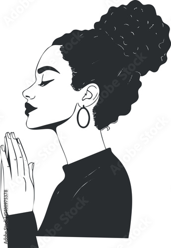 Black and white profile illustration of a woman with curly hair praying with closed eyes and peaceful expression