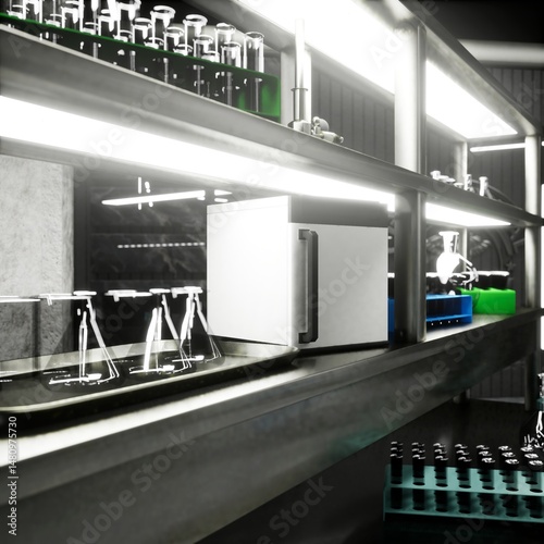 Hospital lab station with sterile vials and glass flasks placed on metallic shelves. Medical equipment used for clinical diagnostics, sample analysis and research workflows, 3D render