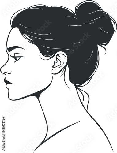 Black and white line art illustration of a woman's profile with hair in a bun and elegant expression.