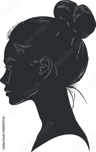 Silhouette illustration of a young woman with a hair bun in profile, isolated on white background