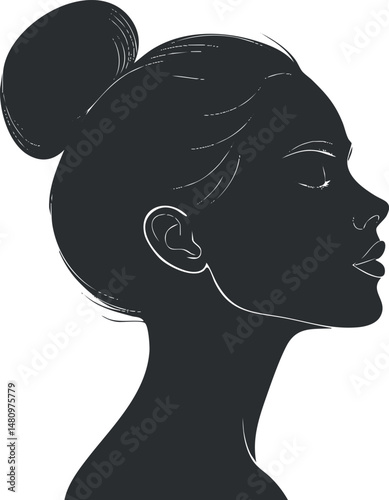Black and white silhouette illustration of a woman's profile with hair in a bun and calm expression