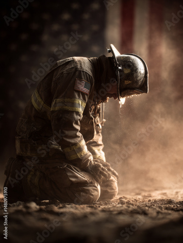 Exhausted firefighter kneeling in dirt with bowed head and American flag in background, symbolizing heroism, sacrifice, and resilience
