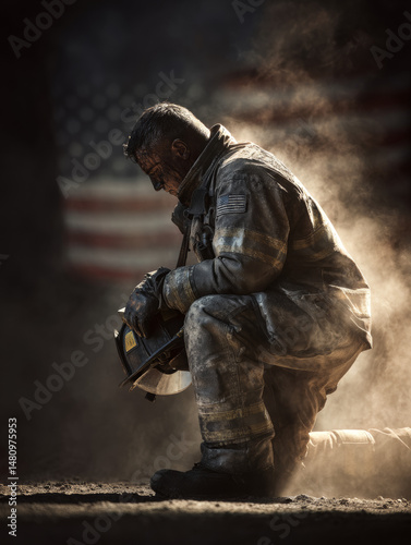 Exhausted firefighter kneeling with bowed head and helmet in hand, surrounded by smoke and dirt with American flag in background symbolizing sacrifice
