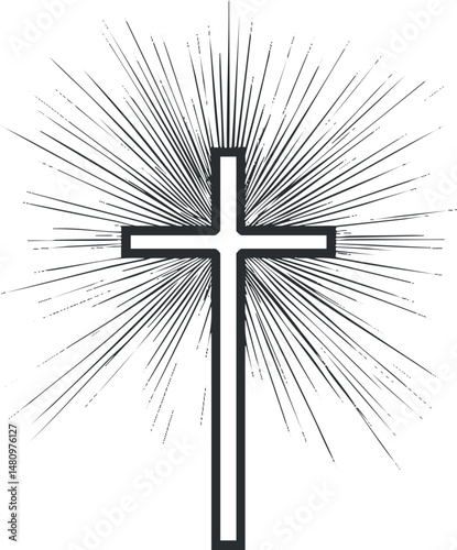 Black and white Christian cross with radiant light rays symbolizing faith and spirituality
