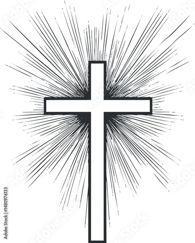 Black and white illustration of a Christian cross with radiant light rays symbolizing faith and spirituality