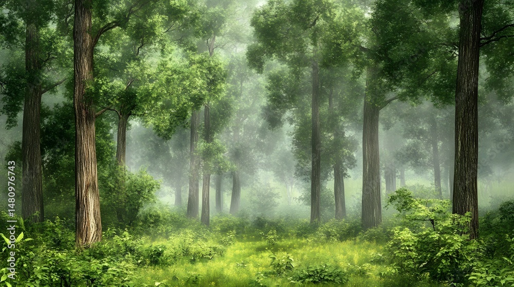 Obraz premium Misty Green Forest Landscape with Tall Trees
