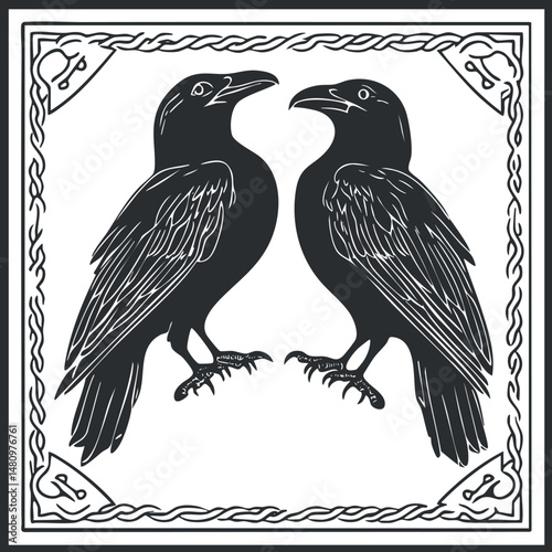 Black and white illustration of two ravens facing each other inside an ornate decorative frame