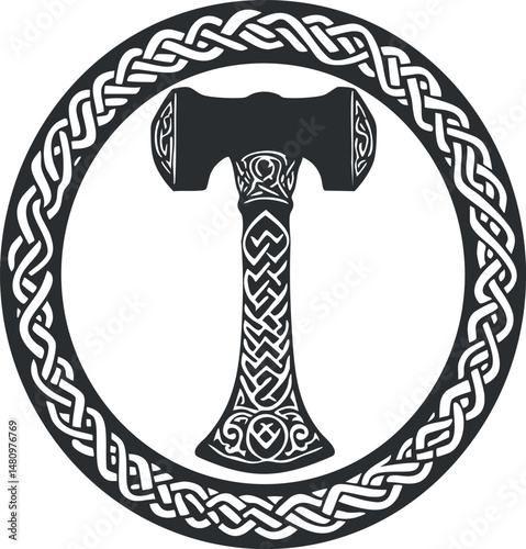 Black and white illustration of a Norse hammer with intricate Celtic knot patterns inside a circular border