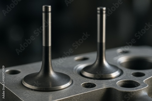 Two precision-engineered engine valves installed in a cylinder head, viewed close-up, representing internal combustion engine components. photo