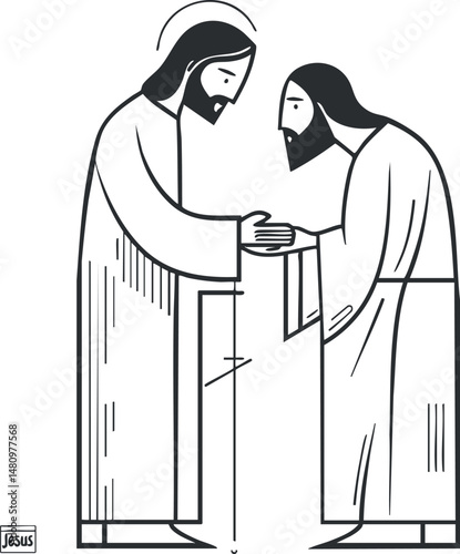 Line art illustration of Jesus healing a man with faith and compassion in a biblical religious context