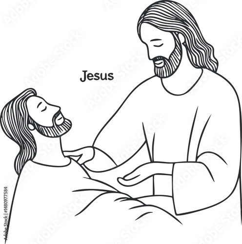 Black and white line art of Jesus comforting and healing a man lying in bed with faith and compassion.