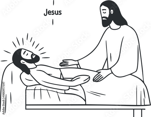Illustration of Jesus healing a man lying on a bed, symbolizing faith and divine healing.
