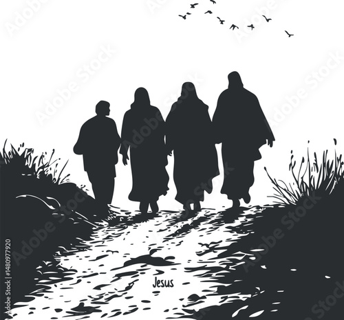 Silhouette of four people walking on a path with birds flying overhead, symbolizing a spiritual journey.