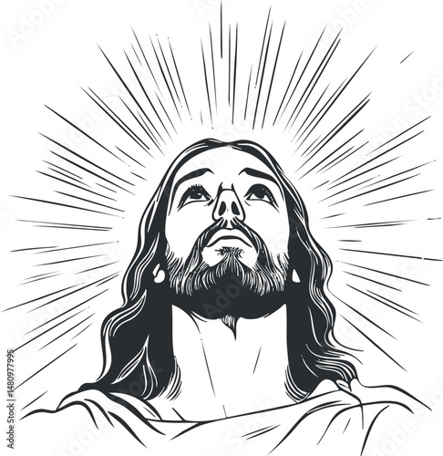 Black and white illustration of Jesus Christ looking upward with radiant holy rays around his head symbolizing divinity and faith.