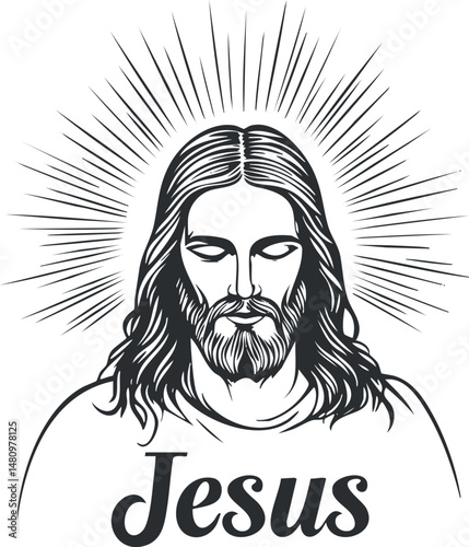 Black and white illustration of Jesus Christ with a halo and peaceful expression, symbolizing faith and spirituality