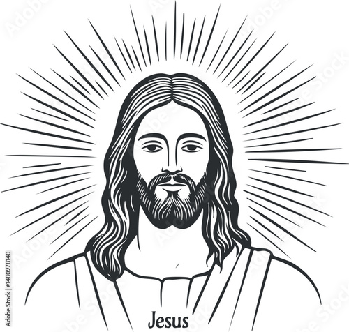 Black and white line art illustration of Jesus Christ with a radiant halo and long hair, symbolizing faith and spirituality.