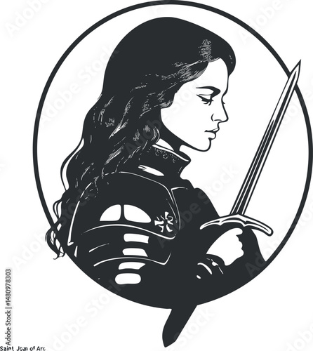Black and white illustration of a medieval female warrior in armor holding a sword, profile view.