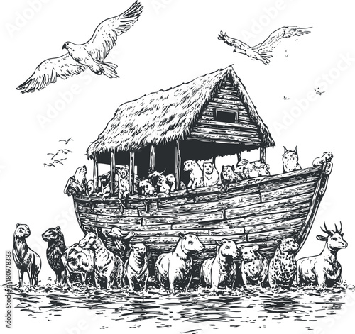 Black and white vintage illustration of Noah's ark with various animals on a wooden boat during the flood waters