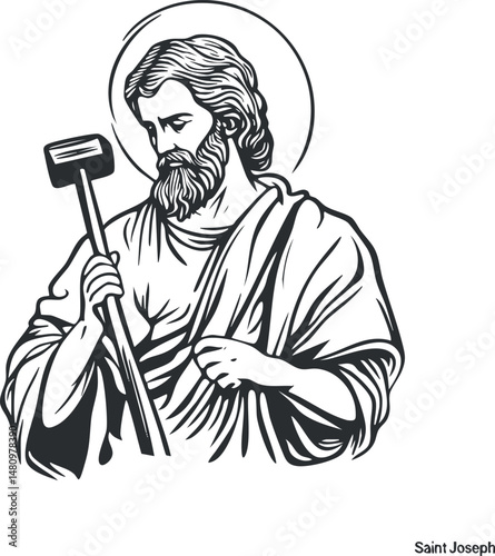 Black and white line art illustration of Saint Joseph holding a hammer with a halo around his head representing faith and craftsmanship.