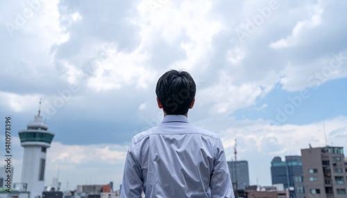 屋上から曇り空を見上げる男性の後ろ姿